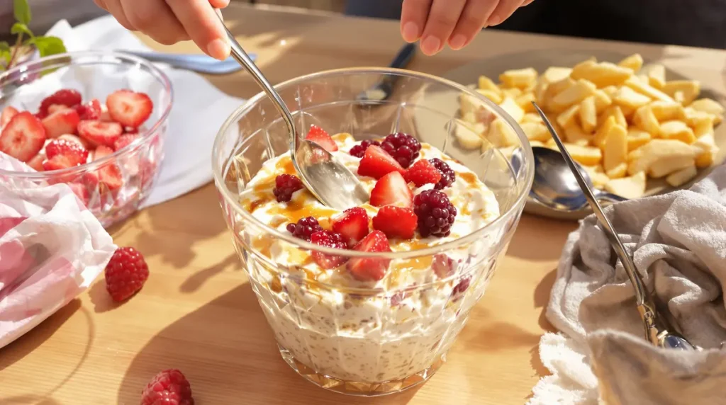 Petit-déj de printemps prêt à l’avance : ces overnight oats crémeux mêlent douceur des fruits rouges, croquant et onctuosité du yaourt grec